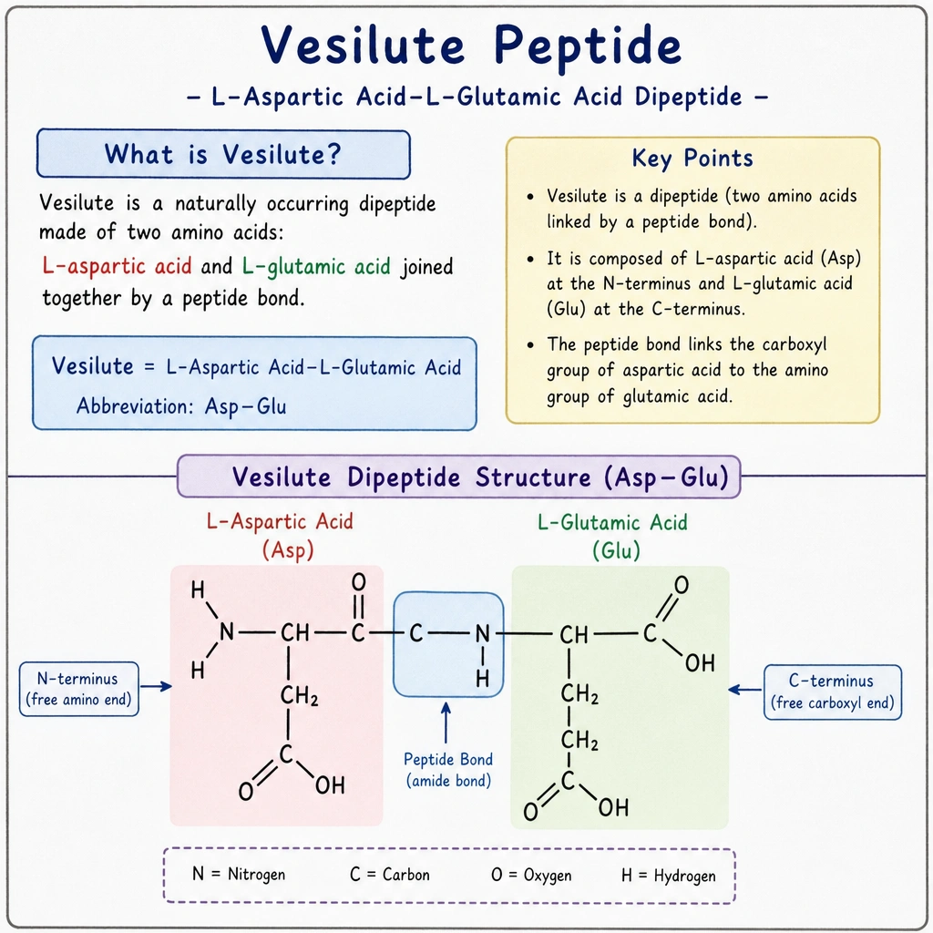 Diagram explaining what the Vesilute peptide is and its L-aspartic acid and L-glutamic acid dipeptide structure