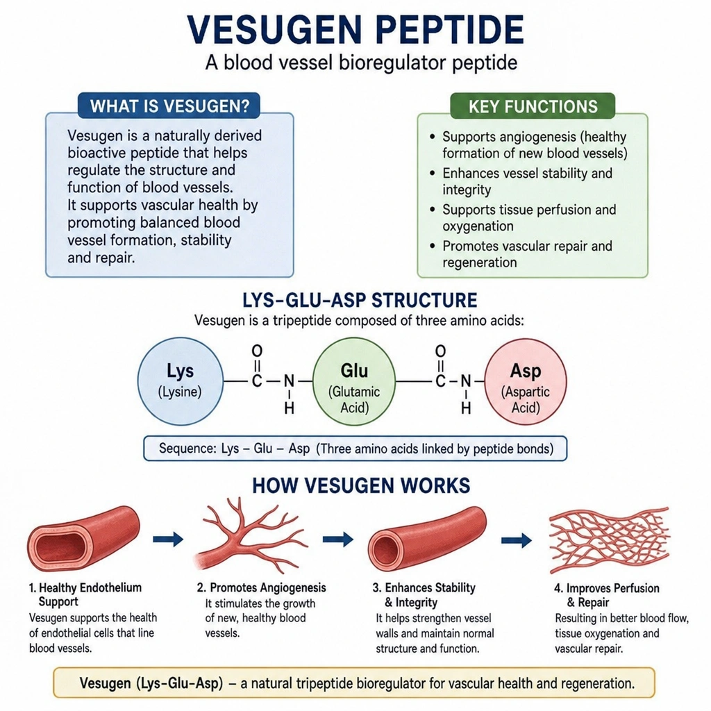 Diagram explaining what the Vesugen peptide is and its Lys-Glu-Asp blood vessel bioregulator structure