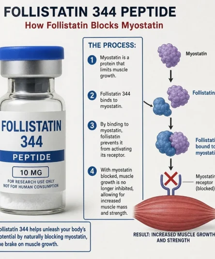 Follistatin 344 peptide vial beside a skeletal muscle illustration explaining how follistatin blocks myostatin