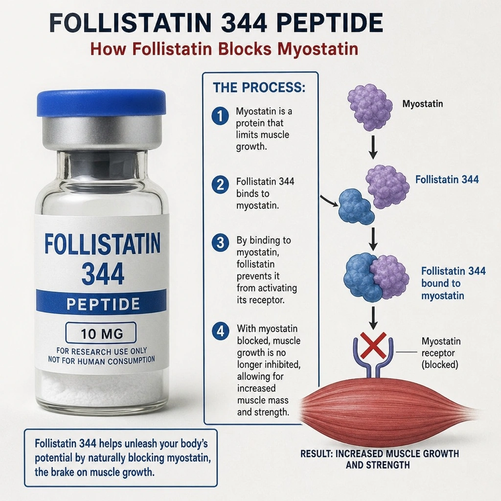 Follistatin 344 peptide vial beside a skeletal-muscle illustration explaining how follistatin blocks myostatin