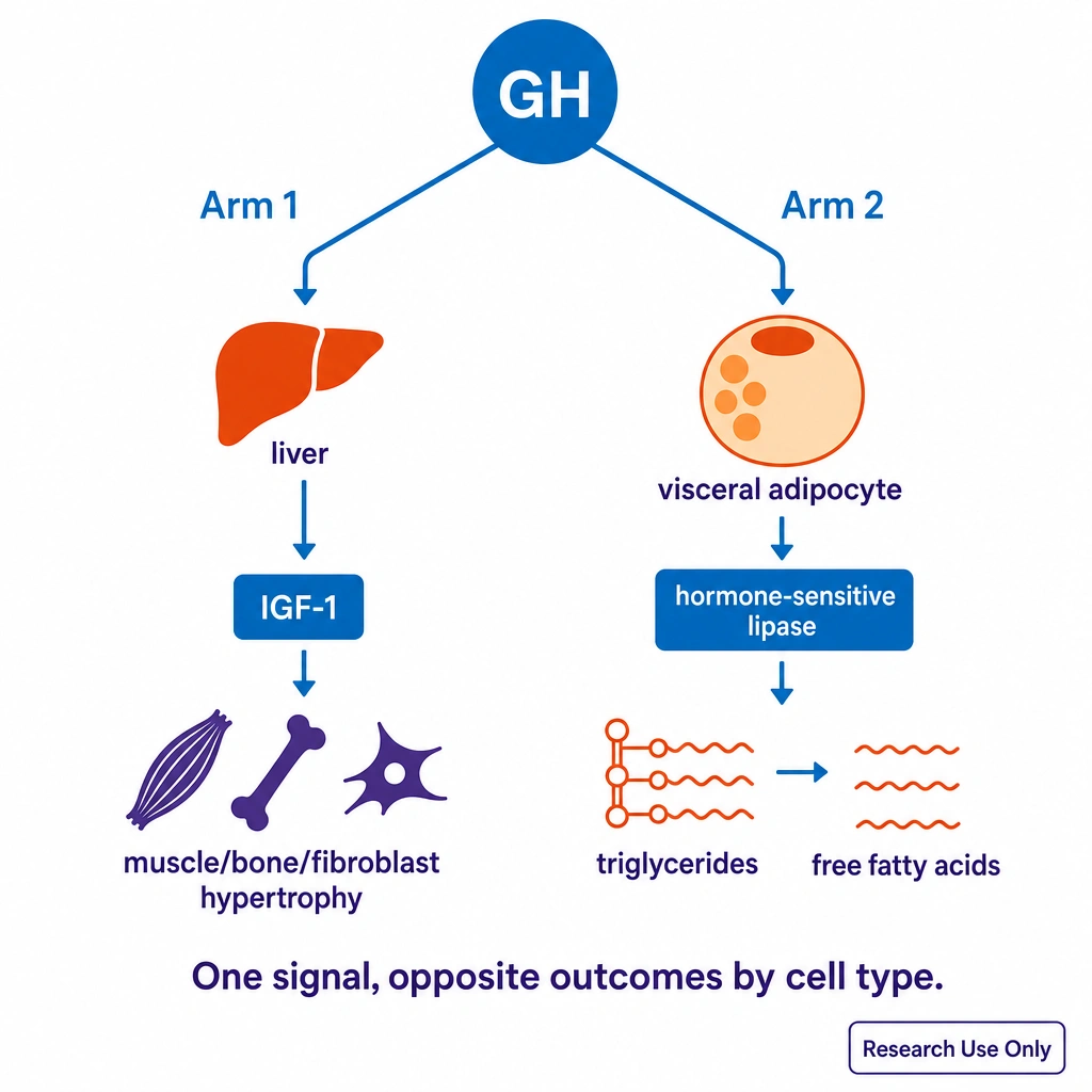 A single GH node at the top branching into two labeled arms: Arm 1 → liver → IGF-1 → muscle/bone/fibroblast hypertrophy; Arm 2 → visceral adipocyte → hormone-sensitive lipase → triglycerides broken into free fatty acids. Caption: One signal, opposite outcomes by cell type.