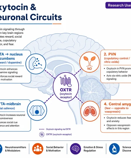 A scientific infographic, "Oxytocin & Neuronal Circuits," on a stylized side-view brain with four labeled nodes connected to a central **oxytocin receptor (OXTR)** icon: "VTA → nucleus accumbens (reward / dopamine)," "PVN (copulatory control / nitric oxide)," "VTA–midbrain (social salience)," "central amygdala (fear — opposite to vasopressin)."
