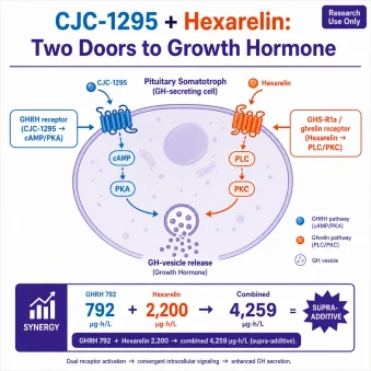 A scientific infographic, "CJC-1295 + Hexarelin: Two Doors to Growth Hormone." A single pituitary **somatotroph** with two membrane receptors: "GHRH receptor (CJC-1295 → cAMP/PKA)" on one side and "GHS-R1a / ghrelin receptor (Hexarelin → PLC/PKC)" on the other, both converging on **GH-vesicle release**. A synergy call-out: "GHRH 792 + Hexarelin 2,200 → combined 4,259 µg·h/L (supra-additive)."