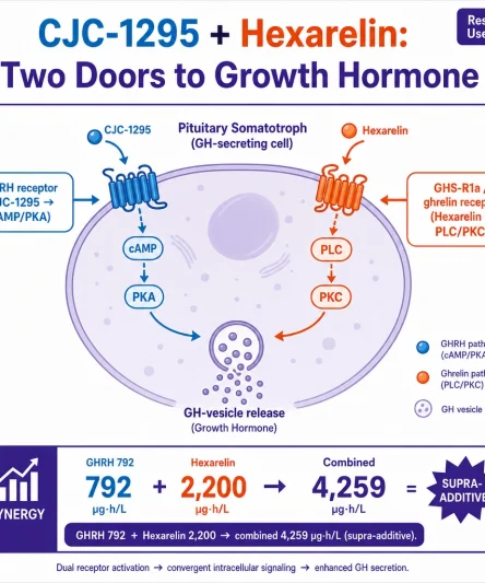 A scientific infographic, "CJC-1295 + Hexarelin: Two Doors to Growth Hormone." A single pituitary **somatotroph** with two membrane receptors: "GHRH receptor (CJC-1295 → cAMP/PKA)" on one side and "GHS-R1a / ghrelin receptor (Hexarelin → PLC/PKC)" on the other, both converging on **GH-vesicle release**. A synergy call-out: "GHRH 792 + Hexarelin 2,200 → combined 4,259 µg·h/L (supra-additive)."