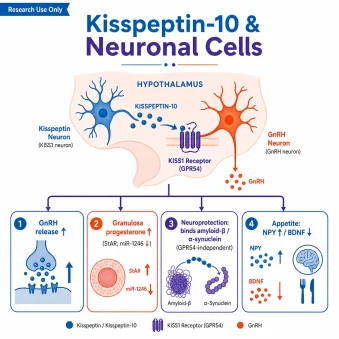 A scientific infographic, "Kisspeptin-10 & Neuronal Cells." Center: a hypothalamus with a **kisspeptin neuron** signaling a **GnRH neuron** via the **KISS1 receptor (GPR54)**. Four outcome tiles: "GnRH release ↑," "Granulosa progesterone ↑ (StAR; miR-1246 ↓)," "Neuroprotection: binds amyloid-β / α-synuclein (GPR54-independent)," "Appetite: NPY ↑ / BDNF ↓."