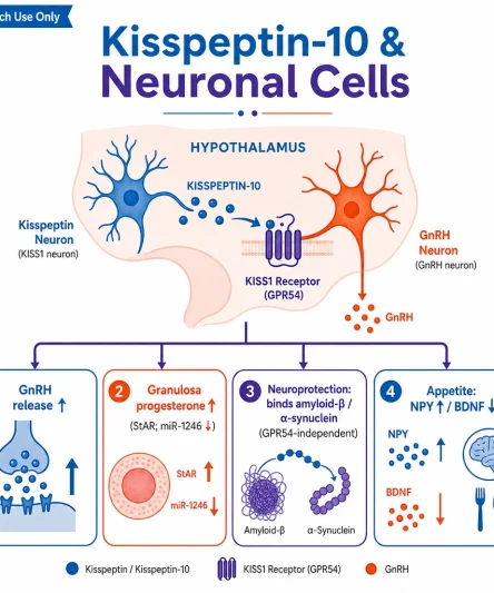 A scientific infographic, "Kisspeptin-10 & Neuronal Cells." Center: a hypothalamus with a **kisspeptin neuron** signaling a **GnRH neuron** via the **KISS1 receptor (GPR54)**. Four outcome tiles: "GnRH release ↑," "Granulosa progesterone ↑ (StAR; miR-1246 ↓)," "Neuroprotection: binds amyloid-β / α-synuclein (GPR54-independent)," "Appetite: NPY ↑ / BDNF ↓."