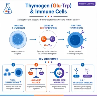 A scientific infographic, "Thymogen (Glu-Trp) & Immune Cells." Center: a **T-lymphocyte maturing** from an immature precursor into a functional T cell, guided by a tiny 2-bead **Glu-Trp dipeptide**. Outcome tiles: "T-cell differentiation ↑," "cAMP/cGMP balance," "CD4/CD8 ratio normalized," "IL-2 / interferon signaling."