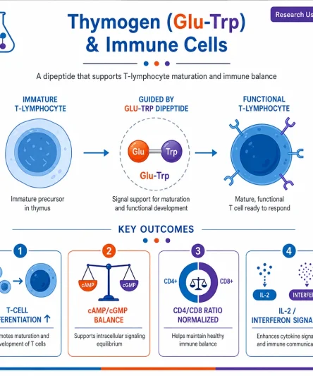 A scientific infographic, "Thymogen (Glu-Trp) & Immune Cells." Center: a **T-lymphocyte maturing** from an immature precursor into a functional T cell, guided by a tiny 2-bead **Glu-Trp dipeptide**. Outcome tiles: "T-cell differentiation ↑," "cAMP/cGMP balance," "CD4/CD8 ratio normalized," "IL-2 / interferon signaling."