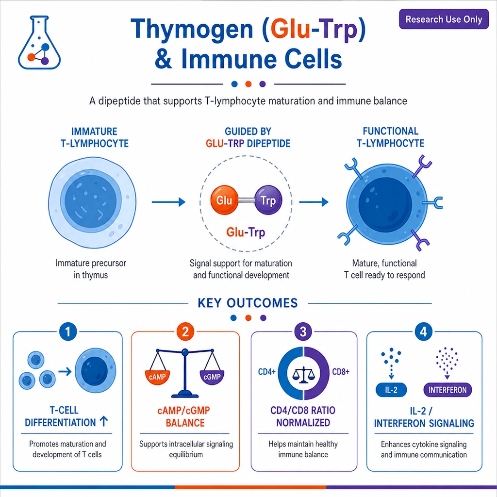 A scientific infographic, "Thymogen (Glu-Trp) & Immune Cells." Center: a **T-lymphocyte maturing** from an immature precursor into a functional T cell, guided by a tiny 2-bead **Glu-Trp dipeptide**. Outcome tiles: "T-cell differentiation ↑," "cAMP/cGMP balance," "CD4/CD8 ratio normalized," "IL-2 / interferon signaling."
