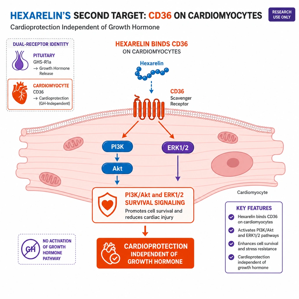 A focused diagram of a **cardiomyocyte** with the **CD36** scavenger receptor bound by Hexarelin, driving PI3K/Akt and ERK1/2 survival signaling and cardioprotection independent of growth hormone. Set apart from the pituitary to show the dual-receptor identity.
