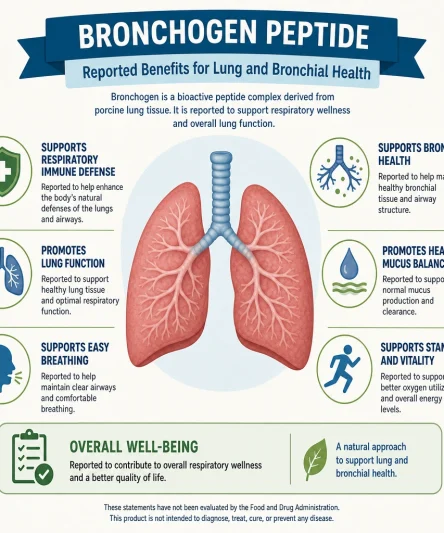 Infographic summarizing reported Bronchogen peptide benefits for lung and bronchial health