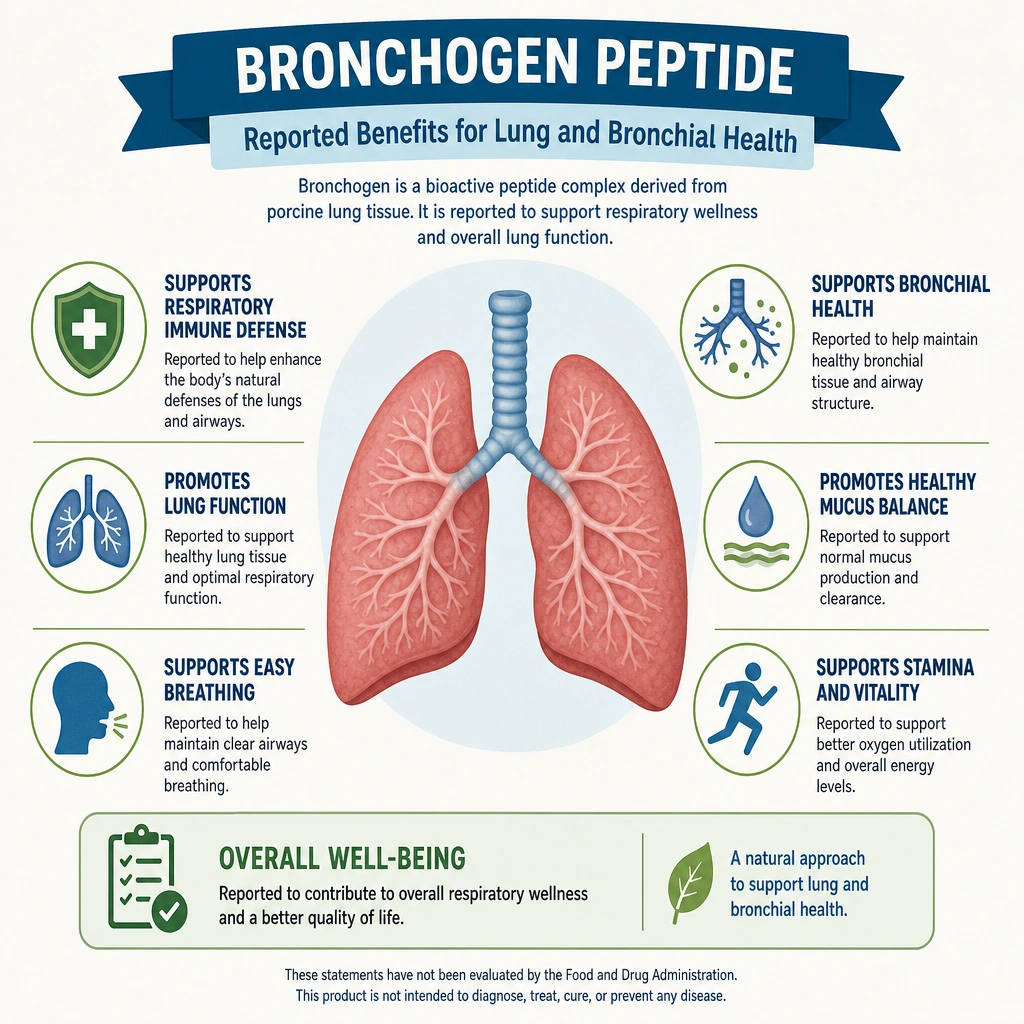 Infographic summarizing reported Bronchogen peptide benefits for lung and bronchial health