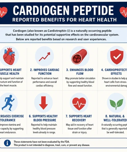 Infographic summarizing reported Cardiogen peptide benefits for heart health