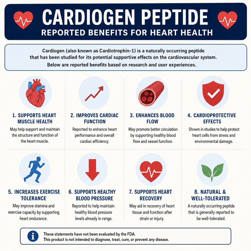 Infographic summarizing reported Cardiogen peptide benefits for heart health