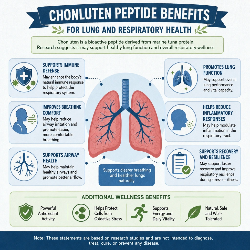 Infographic summarizing reported Chonluten peptide benefits for lung and respiratory health