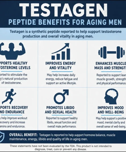 Infographic summarizing reported Testagen peptide benefits for aging men
