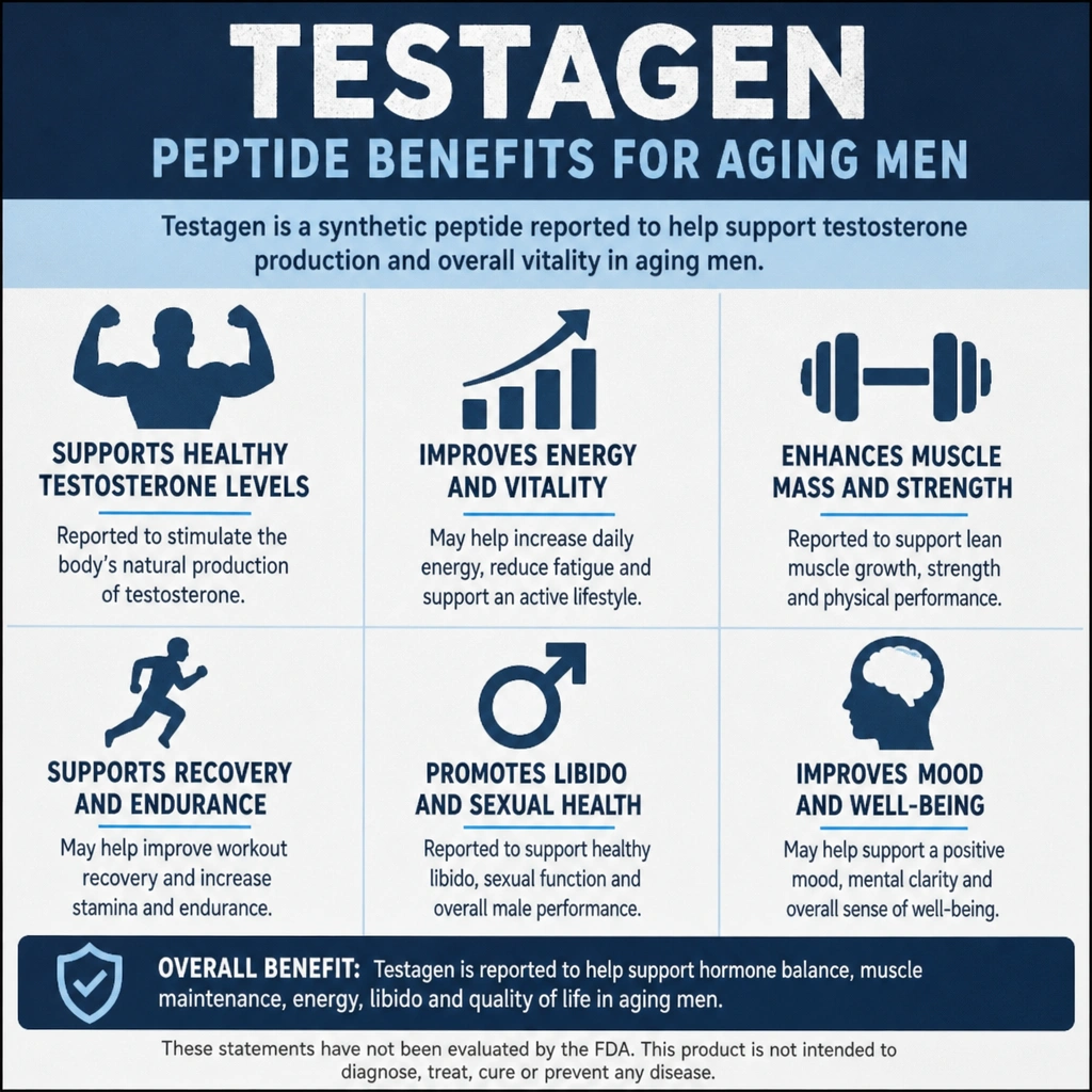 Infographic summarizing reported Testagen peptide benefits for aging men