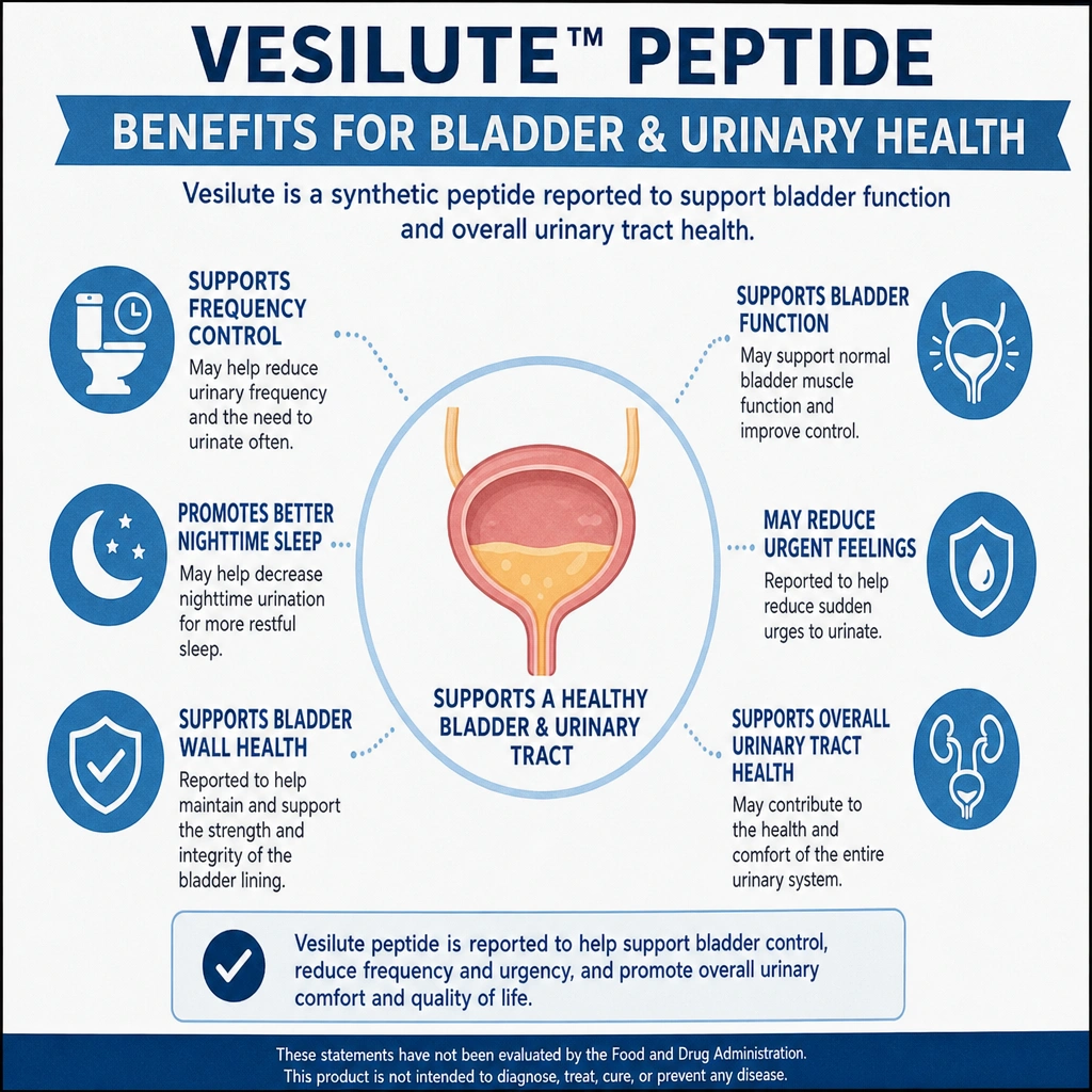 Infographic summarizing reported Vesilute peptide benefits for bladder and urinary health