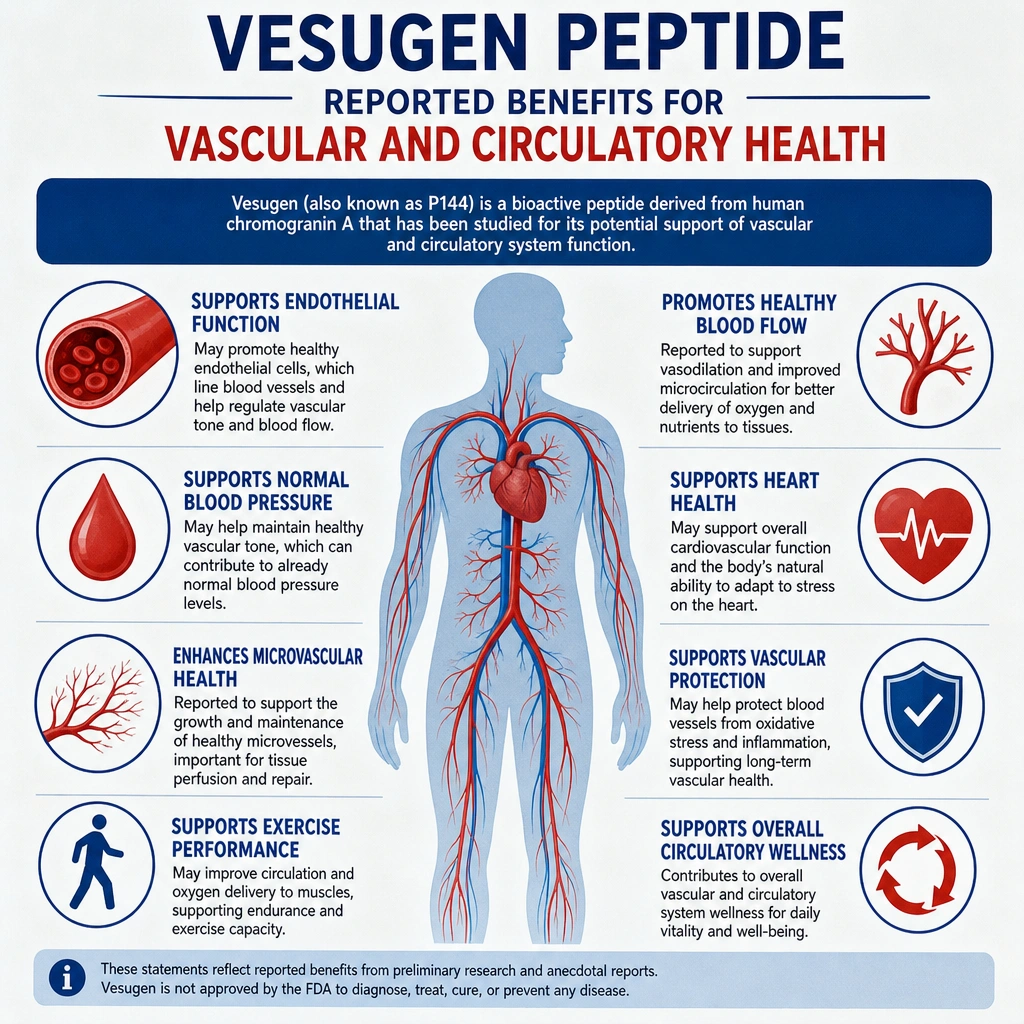 Infographic summarizing reported Vesugen peptide benefits for vascular and circulatory health