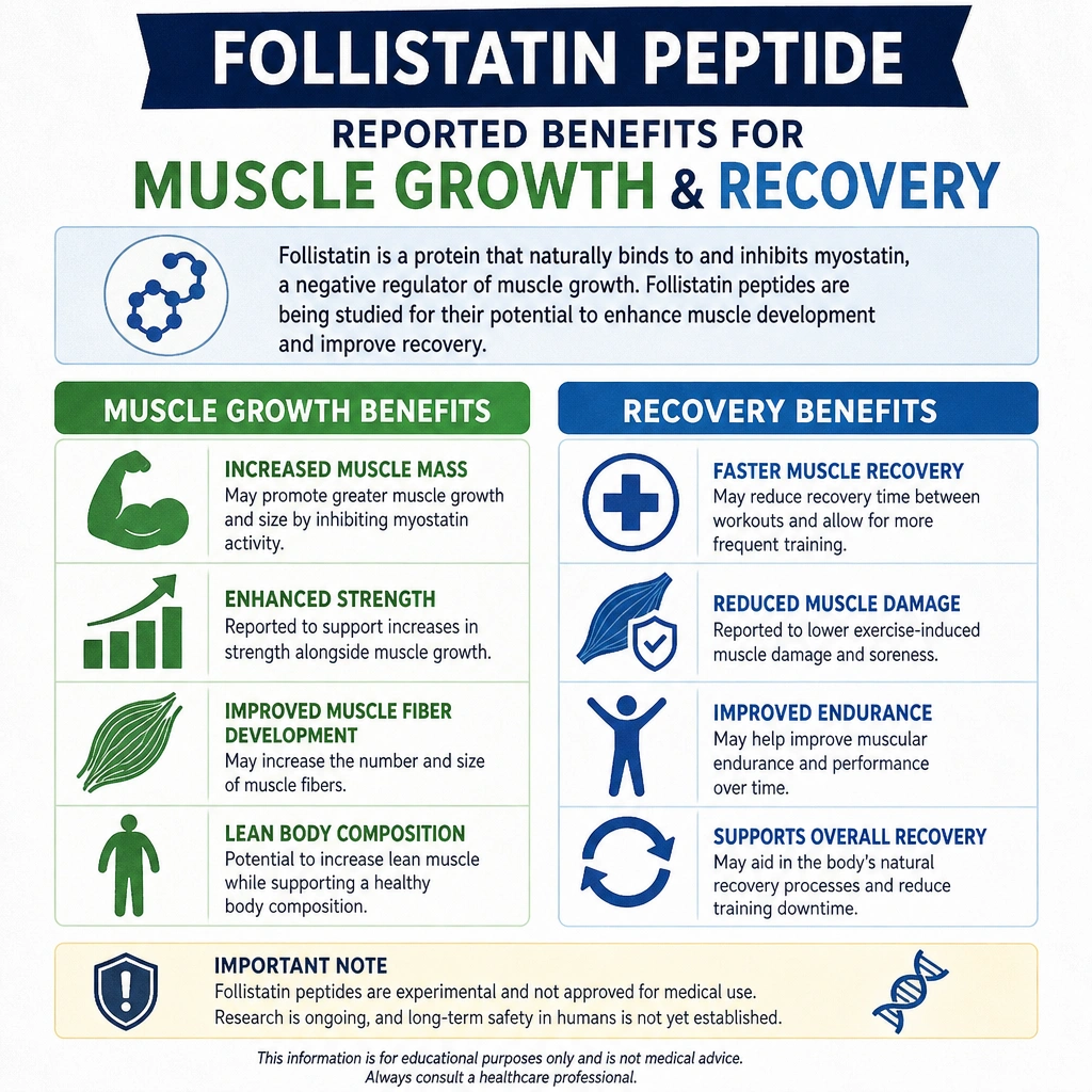 Infographic summarizing reported follistatin peptide benefits for muscle growth and recovery