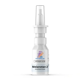 Melanotan II nasal spray 10mg bottle, front label, on a white background