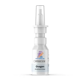 Ovagen nasal spray bottle, front label, on a white background