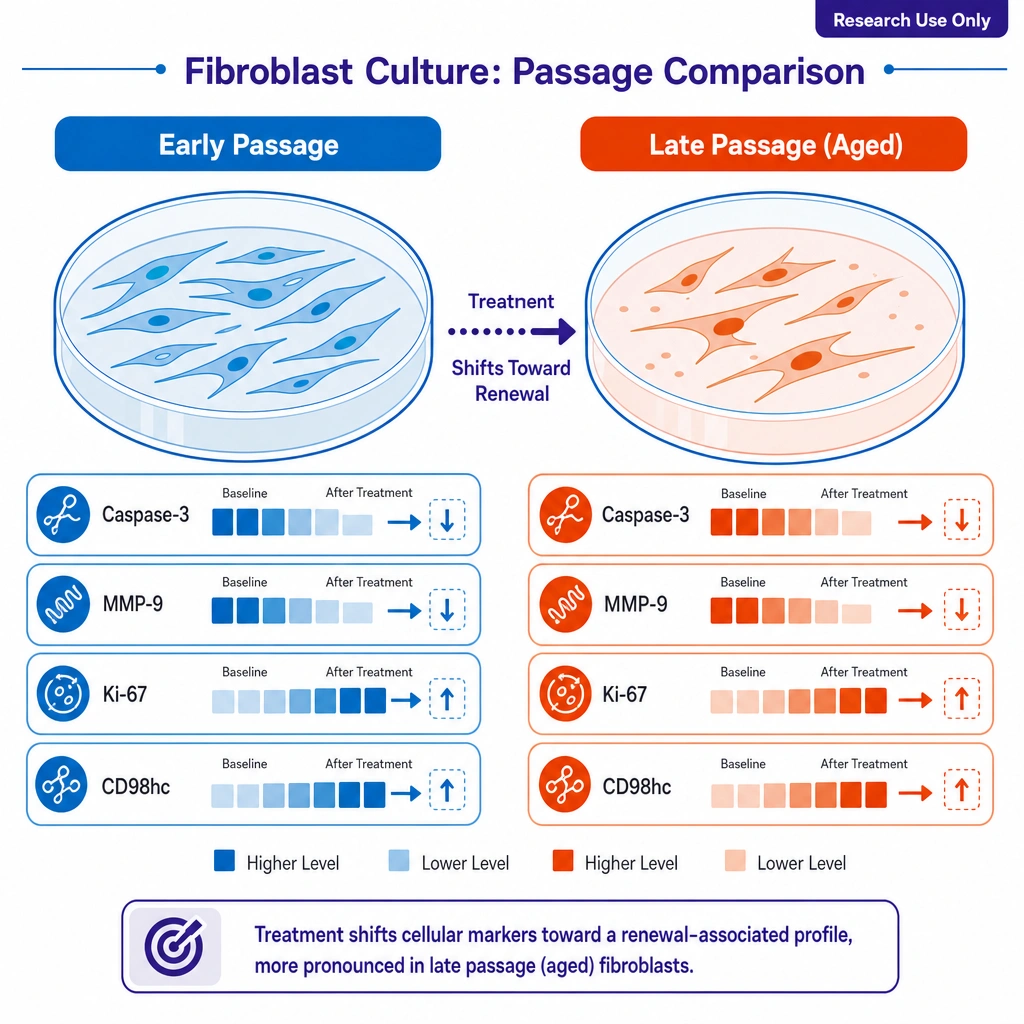Two fibroblast culture dishes side by side, early passage vs late passage (aged), each annotated with four marker bars shifting toward renewal on treatment: caspase-3 ↓, MMP-9 ↓, Ki-67 ↑, CD98hc ↑.