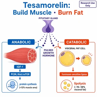 Tesamorelin: Build Muscle ยท Burn Fat." Top-center: a pituitary gland releasing pulsed **growth hormone**. Left "ANABOLIC" panel: a muscle fiber with "IGF-1 โ PI3K/Akt/mTOR โ protein synthesis (+12% muscle area)." Right "CATABOLIC" panel: a shrinking **visceral fat cell** with "hormone-sensitive lipase โ lipolysis (~15โ18% visceral fat)."