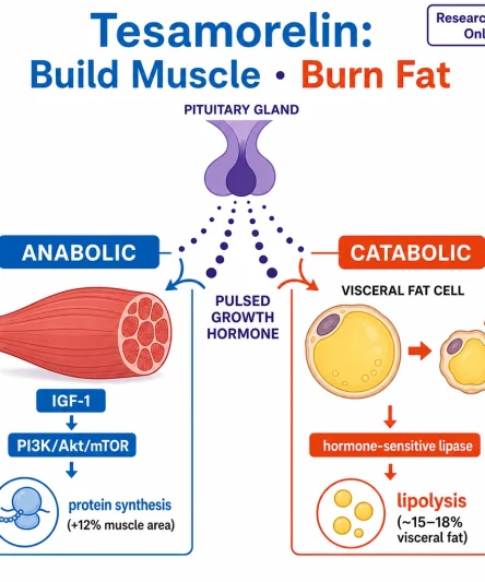 Tesamorelin: Build Muscle · Burn Fat." Top-center: a pituitary gland releasing pulsed **growth hormone**. Left "ANABOLIC" panel: a muscle fiber with "IGF-1 → PI3K/Akt/mTOR → protein synthesis (+12% muscle area)." Right "CATABOLIC" panel: a shrinking **visceral fat cell** with "hormone-sensitive lipase → lipolysis (~15–18% visceral fat)."