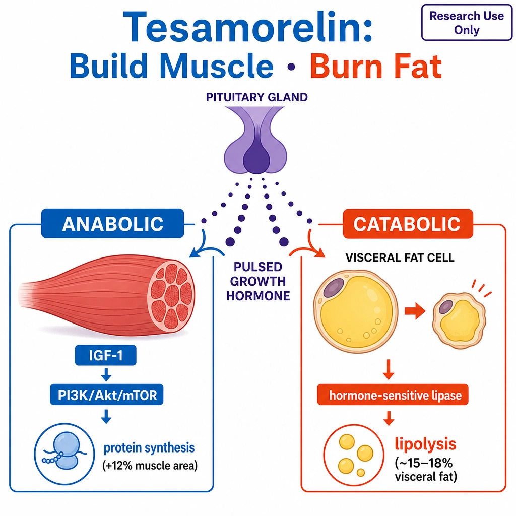 Tesamorelin: Build Muscle · Burn Fat." Top-center: a pituitary gland releasing pulsed **growth hormone**. Left "ANABOLIC" panel: a muscle fiber with "IGF-1 → PI3K/Akt/mTOR → protein synthesis (+12% muscle area)." Right "CATABOLIC" panel: a shrinking **visceral fat cell** with "hormone-sensitive lipase → lipolysis (~15–18% visceral fat)."