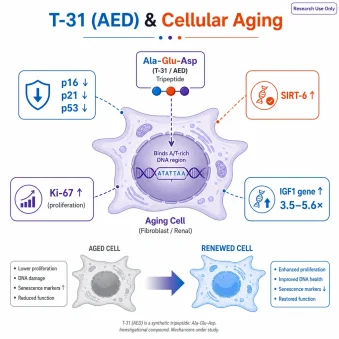 T-31 (AED) & Cellular Aging." Center: an aging cell (fibroblast/renal) with the tiny **Ala-Glu-Asp tripeptide** entering the nucleus and binding an A/T-rich stretch of DNA. Radiating marker tiles: "p16 ↓ · p21 ↓ · p53 ↓," "SIRT-6 ↑," "Ki-67 ↑ (proliferation)," "IGF1 gene ↑ 3.5–5.6×." A subtle "aged → renewed" cell contrast.