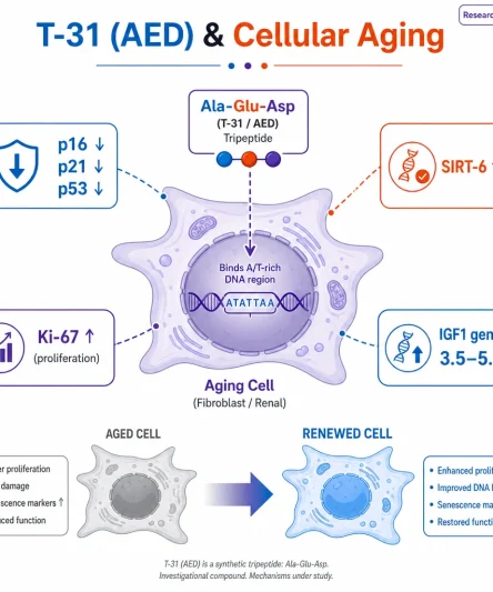 T-31 (AED) & Cellular Aging." Center: an aging cell (fibroblast/renal) with the tiny **Ala-Glu-Asp tripeptide** entering the nucleus and binding an A/T-rich stretch of DNA. Radiating marker tiles: "p16 ↓ · p21 ↓ · p53 ↓," "SIRT-6 ↑," "Ki-67 ↑ (proliferation)," "IGF1 gene ↑ 3.5–5.6×." A subtle "aged → renewed" cell contrast.