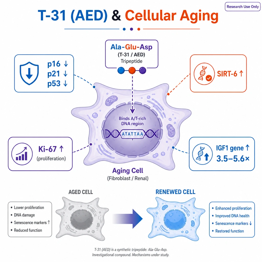 T-31 (AED) & Cellular Aging." Center: an aging cell (fibroblast/renal) with the tiny **Ala-Glu-Asp tripeptide** entering the nucleus and binding an A/T-rich stretch of DNA. Radiating marker tiles: "p16 ↓ · p21 ↓ · p53 ↓," "SIRT-6 ↑," "Ki-67 ↑ (proliferation)," "IGF1 gene ↑ 3.5–5.6×." A subtle "aged → renewed" cell contrast.