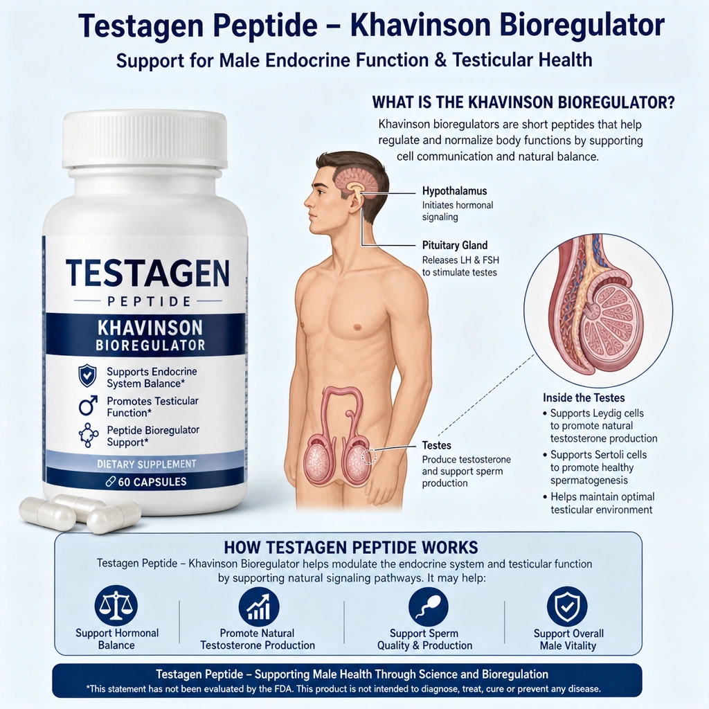 Testagen peptide capsule bottle beside a male endocrine and testes illustration explaining the Khavinson bioregulator
