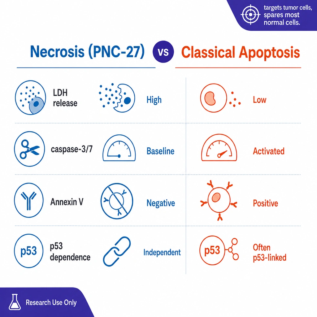 Necrosis (PNC-27) vs Classical Apoptosis, with small icon-rows: LDH release (high vs low), caspase-3/7 (baseline vs activated), Annexin V (negative vs positive), p53 dependence (independent vs often p53-linked). A corner badge: targets tumor cells, spares most normal cells.