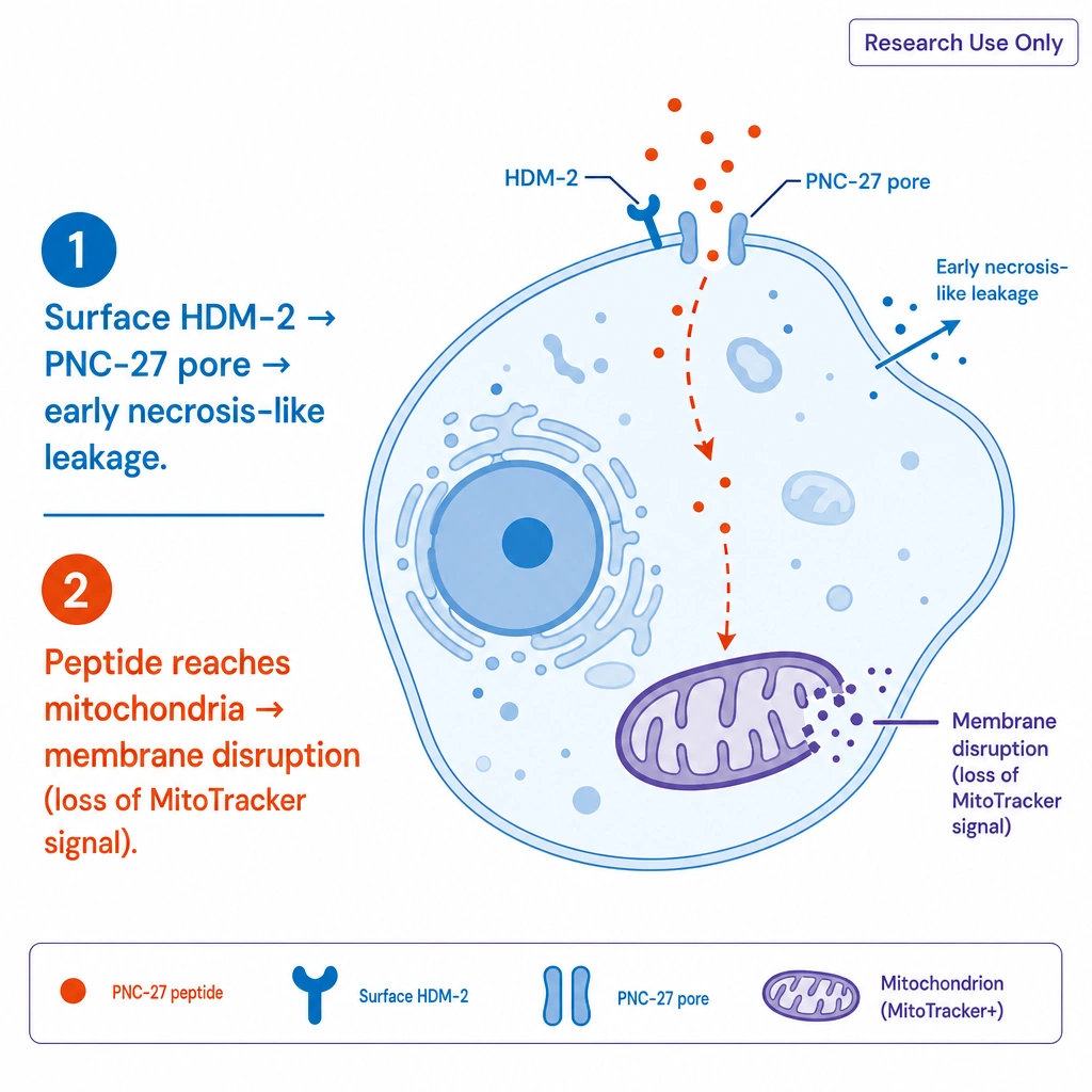 Surface HDM-2 → PNC-27 pore → early necrosis-like leakage. Step 2: Peptide reaches mitochondria → membrane disruption (loss of MitoTracker signal). Show a cell with an arrow tracking the peptide from the membrane inward to a damaged mitochondrion.