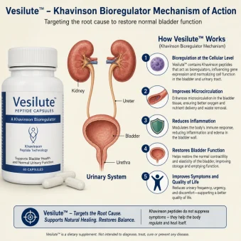 Vesilute peptide capsule bottle beside a bladder and urinary system illustration explaining the Khavinson bioregulator...