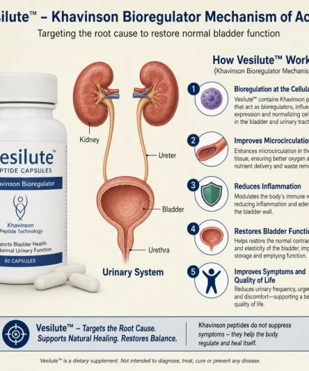 Vesilute peptide capsule bottle beside a bladder and urinary system illustration explaining the Khavinson bioregulator...