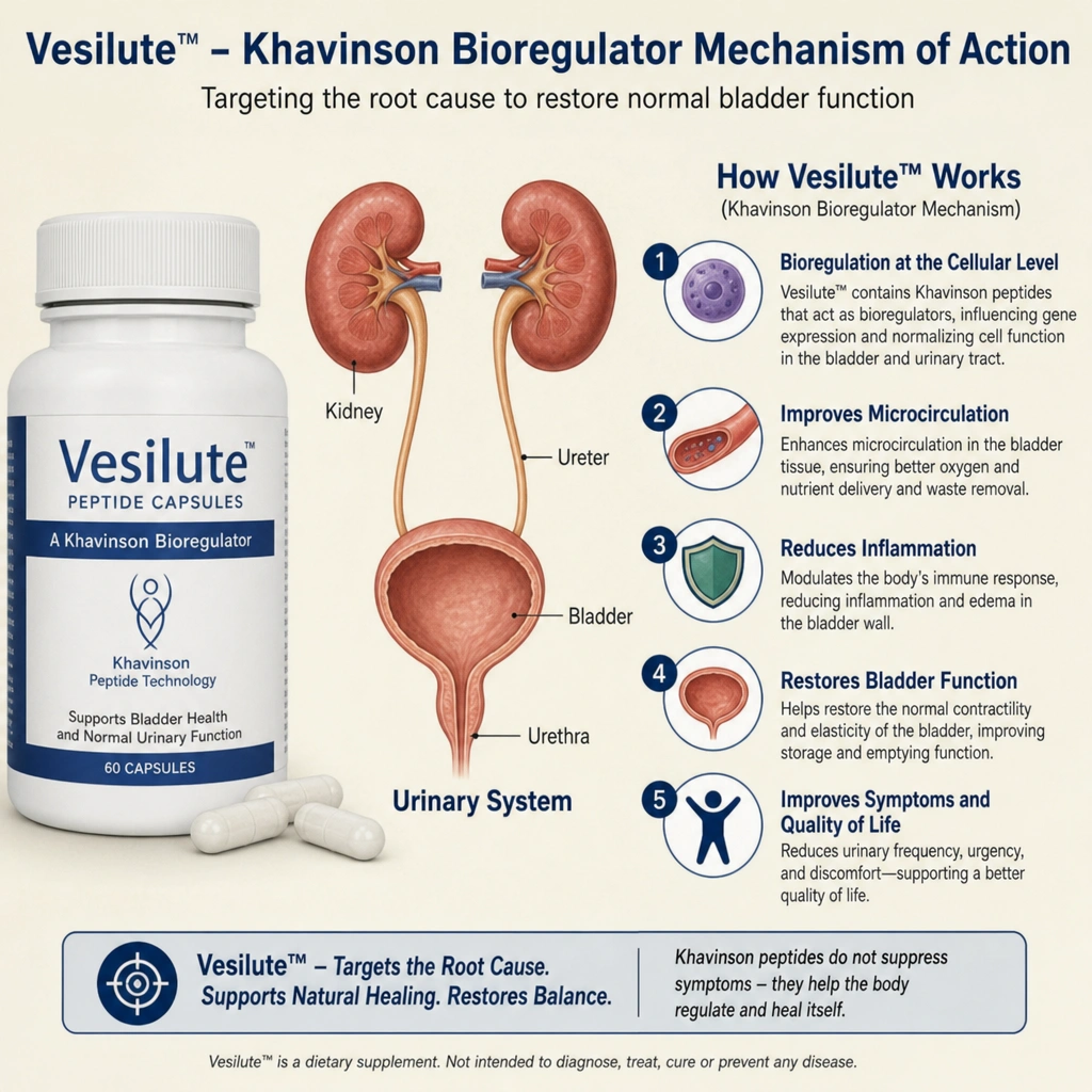 Vesilute peptide capsule bottle beside a bladder and urinary system illustration explaining the Khavinson bioregulator mechanism of action