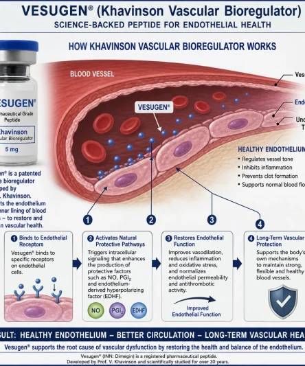 Vesugen peptide vial beside a blood vessel and endothelium, illustration