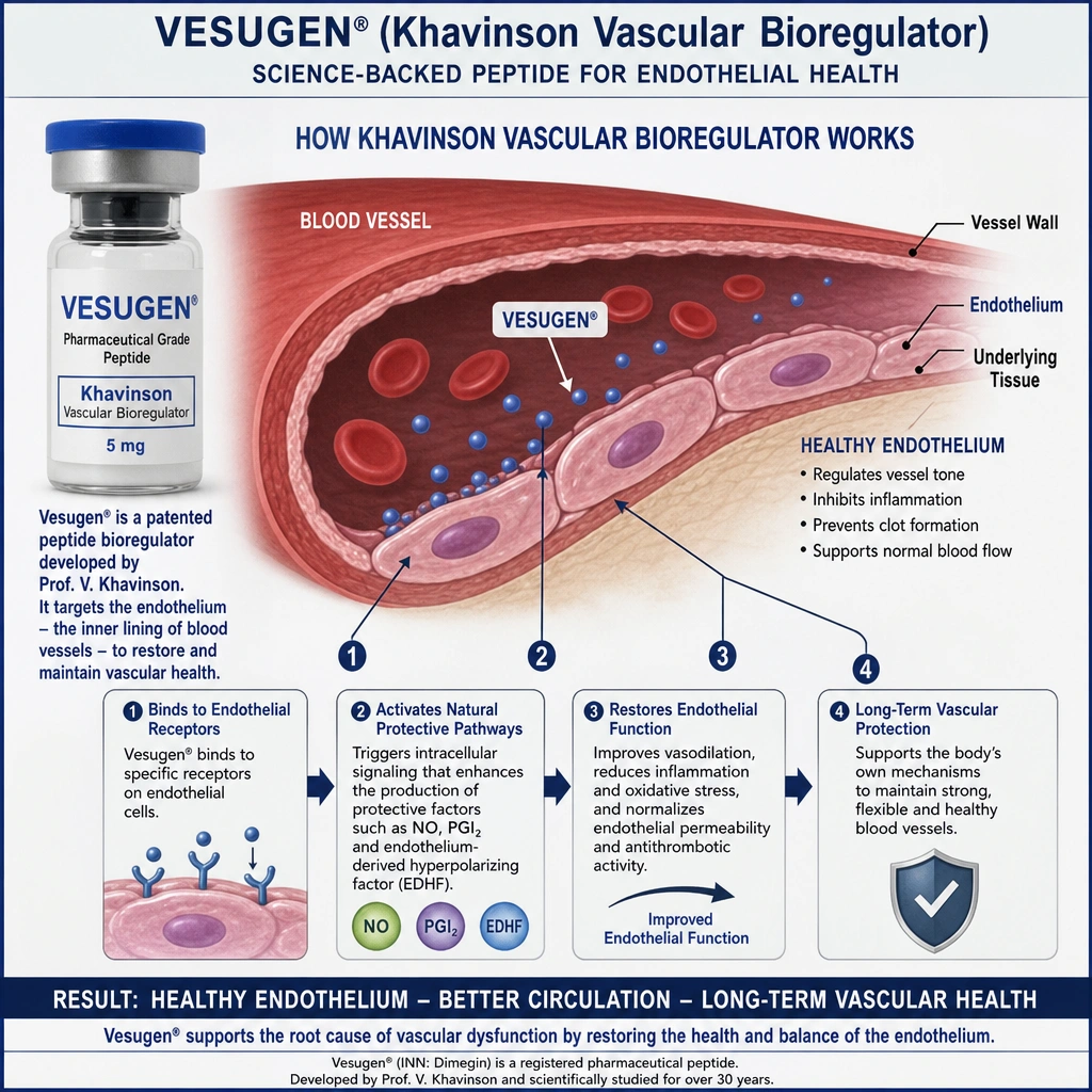 Vesugen peptide vial beside a blood vessel and endothelium illustration explaining how the Khavinson vascular bioregulator works