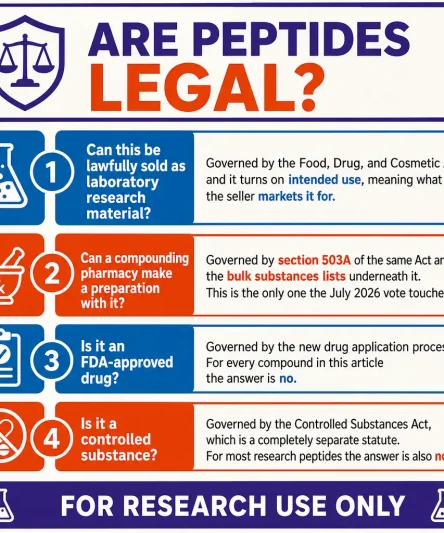 An infographic answering 4 main questions about the legality of peptides. Can this be lawfully sold as laboratory research material? Governed by the Food, Drug, and Cosmetic Act, and it turns on intended use, meaning what the seller markets it for. Can a compounding pharmacy make a preparation with it? Governed by section 503A of the same Act and the bulk substances lists underneath it. This is the only one the July 2026 vote touched. Is it an FDA-approved drug? Governed by the new drug application process. For every compound in this article the answer is no. Is it a controlled substance? Governed by the Controlled Substances Act, which is a completely separate statute. For most research peptides the answer is also no.