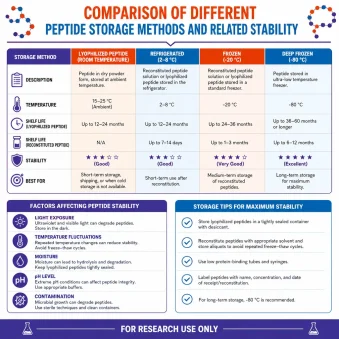 comparison of different Peptide Storage methods and related Stability infographic Add for research use only at the bottom. Using colors: #e44d14, #0274be, and accent: #3a2e8f