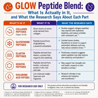 What is the GLOW peptide blend and what does current research say about each individual peptide in the blend.