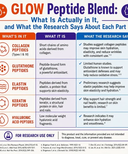 What is the GLOW peptide blend and what does current research say about each individual peptide in the blend.