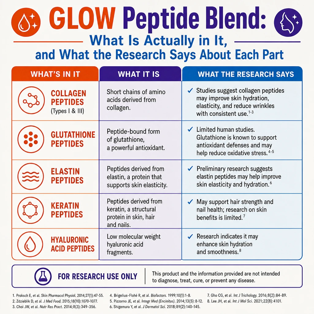What is the GLOW peptide blend and what does current research say about each individual peptide in the blend.