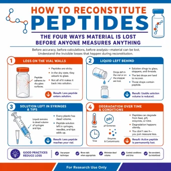 an infographic image describing How to Reconstitute Peptides: The Four Ways Material Is Lost Before Anyone Measures Anything Make sure to add the following disclaimer at the bottom: " For Research Use Only " Use our following brand colors: #e44d14, #0274be, and accent color: #3a2e8f