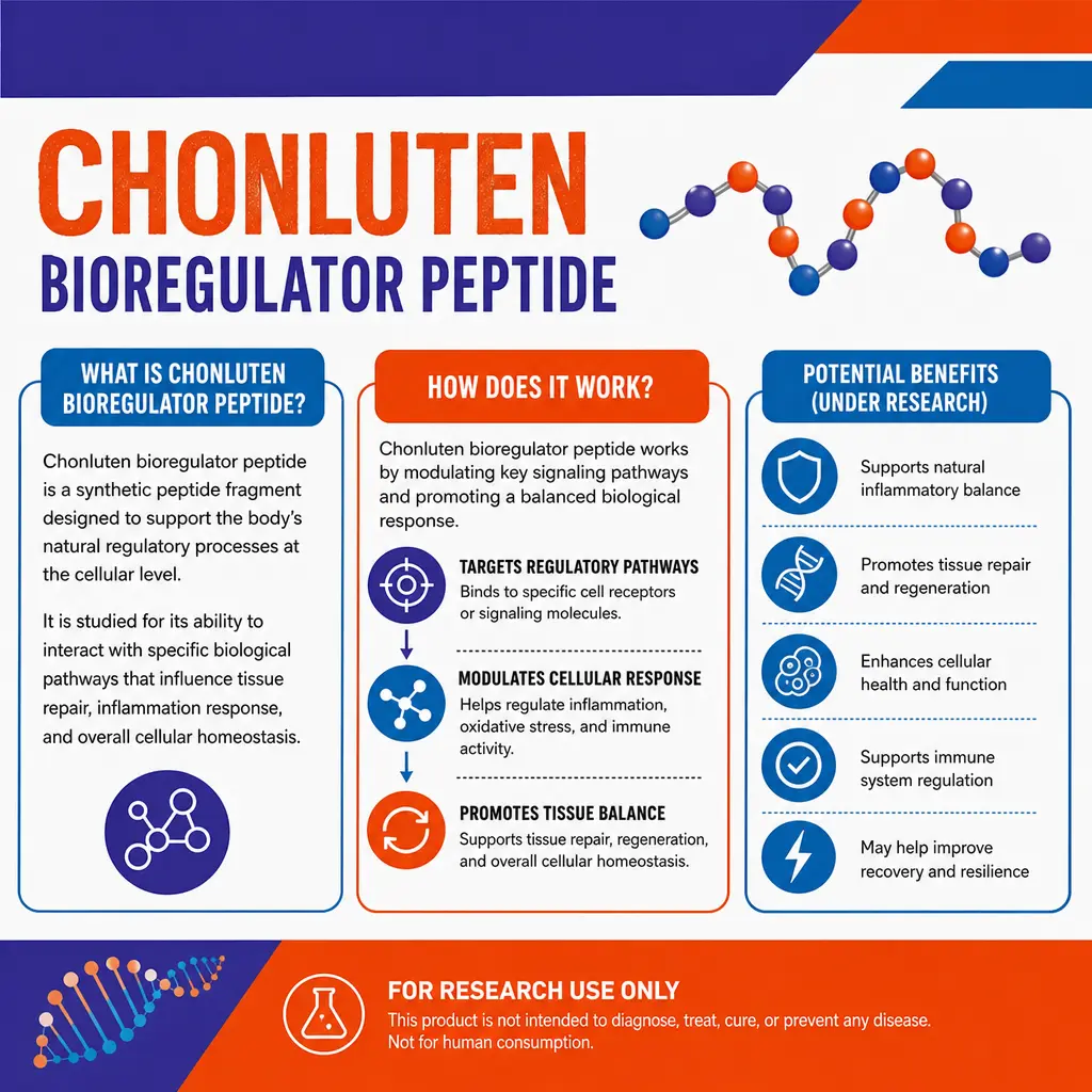 A respiratory-tissue infographic, 16:9, white background. Explaining Chonluten bioreulator peptide.
