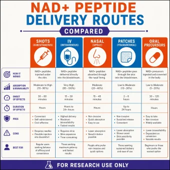 NAD+ Peptide Delivery Routes infographic Compared: Shots, IV, Nasal, Patches and Oral Precursors Add for research use only at the bottom. Using colors: #e44d14, #0274be, and accent: #3a2e8f