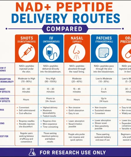 Infographic: NAD+ Peptide Delivery Routes Compared: Shots, IV, Nasal, Patches and Oral Precursors